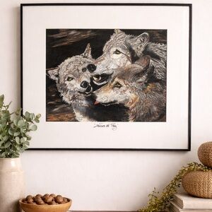 Original Canadian Wolf Drawing “Wolves at Play” Signed Framed Wildlife Art